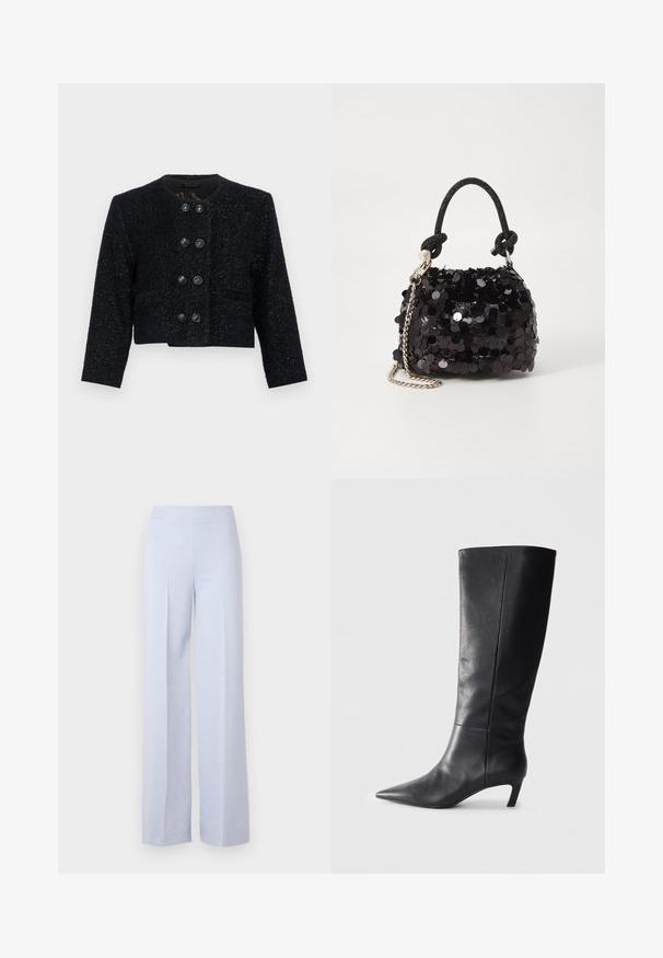 Fekete tweed cropped dzseki kerek nyakkivágással, textúrált anyaggal és hat nagy fekete gombbal az elején. Vágott hajtókák és két zseb.; Fehér, ujjatlan, garbós felső, puha anyagból készült, strukturált kialakítással, sima textúrával és diszkrét bordázott szegéllyel.; Világoskék, bő szárú nadrág puha anyagból, magas derékrészes, elején redőzött kialakítással a megerősített forma érdekében.; Fekete bőr, térd fölé érő csizma hegyes orral, formázott dizájnnal és mérsékelt sarokkal. Sima felület, minimális varrási részletek.; Fekete flitteres mini kézitáska csomózott textúrájú pánttal és ezüst lánccal. Lekerekített forma, ráncolt tetejével és fényvisszaverő részletekkel.