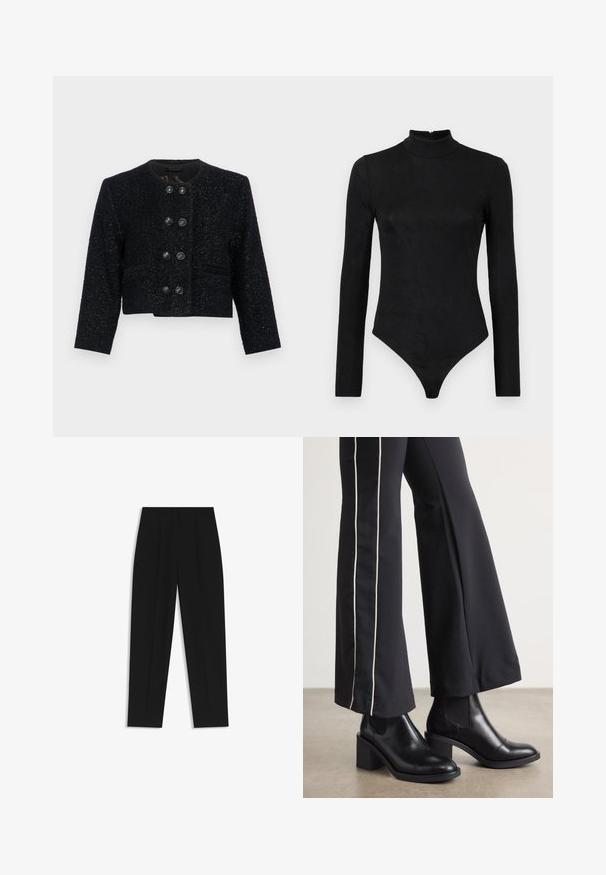 Zwarte tweed cropped jas met een ronde halslijn, een gestructureerde stof en zes grote zwarte knopen aan de voorkant. Met schouderflappen en twee zakken.; Zwart langemouwen bodysuit met een hoge hals en subtiele textuur. Voorzien van een rits op de rug en een thong onderkant ontwerp.; Zwarte broeken met een rechte pasvorm, voorzien van dubbele plooien, een zachte textuur en een klassiek taillebandontwerp. Geen zichtbare hardware of accenten.; Zwarte leren enkellaarzen met een blokhak, voorzien van elastische zijpanelen. Gecombineerd met zwarte broeken met een witte zijstreep.