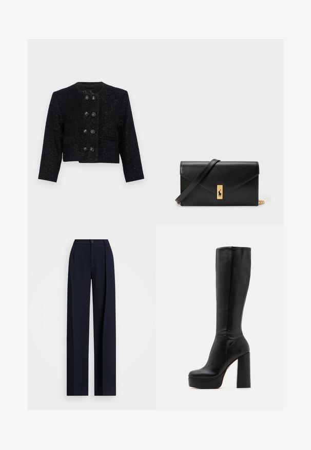Chaqueta corta de tweed negro con cuello redondo, tejido texturizado y seis grandes botones negros en la parte delantera. Con solapas de punta y dos bolsillos.; T-shirt de color azul marino con rayas blancas horizontales, mangas cortas y escote redondo. Hecho de un tejido suave con una forma ajustada.; Pantalones de pierna ancha en color marino con pliegues, cierre de botón y una textura de tela suave. Diseñados para un ajuste suelto y cómodo.; Botas negras hasta la rodilla hechas de cuero suave con un acabado texturizado, que cuentan con un tacón ancho alto y un diseño de punta redonda.; Billetera de cuero negra con solapa plegable, hardware dorado, que presenta un acento de logo. Incluye una correa desmontable para llevarla.