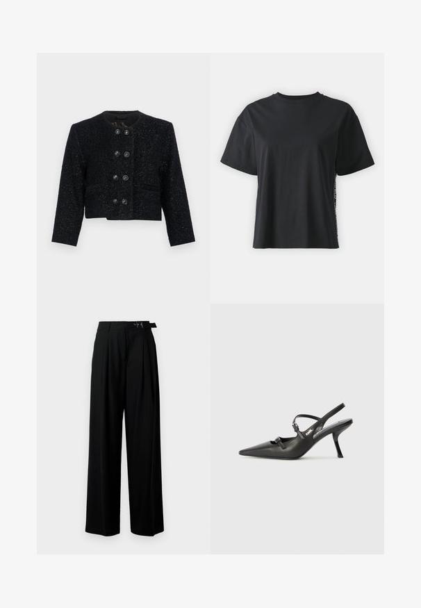 Jachetă scurtă din tweed negru cu decolteu rotund, material texturat și șase butoane mari negre în față. Rever cu margini tăiate și două buzunare.; Tricou din bumbac negru cu mânecă scurtă, cu o croială lejeră și un panou lateral contrastant, având text mic și detalii de design.; Pantaloni negri cu croi larg, talie înaltă, pliuri în față și un b μέρος cu cataramă. Confecționați dintr-un material neted și ușor.; Pantofi cu toc slingback din piele neagră, cu vârful ascuțit, toc subțire și detaliu decorativ cu cataramă pe partea din față. Textură netedă și design elegant.