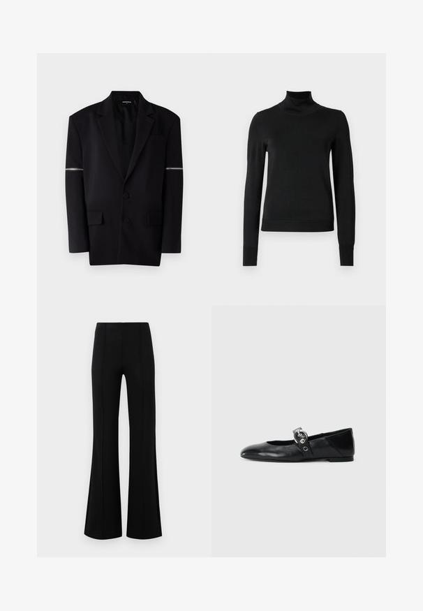 Zwarte blazer met gestructureerd ontwerp, twee knopen aan de voorkant, drie zakken en een unieke ritsdetail op de linker mouw. Glad, op maat gemaakt stof.; Zwarte trui met lange mouwen en col, voorzien van geribde manchetten en zoom, weergegeven op een effen witte achtergrond.; Zwarte flared broeken met een hoge taille, gemaakt van rekbaar materiaal. Bevat verticale naden aan de voorkant en heeft een gladde textuur.; Zwarte leren balletschoenen met een spitse neus, voorzien van een band met een ronde metalen gesp en een platte zool.