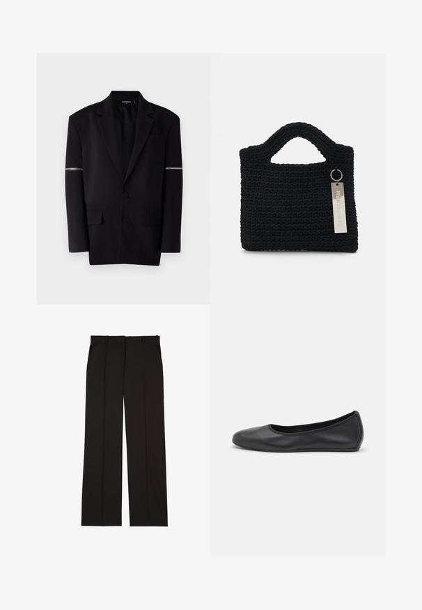 Blazer nero con design strutturato, due bottoni frontali, tre tasche e un dettaglio zip unico sulla manica sinistra. Tessuto liscio e sartoriale.; Camicia bianca a maniche lunghe con colletto in cotone. Caratterizzata da una chiusura con bottoni e una tasca sul petto singola. Tessuto liscio, vestibilità comoda.; Pantaloni neri su misura realizzati in un tessuto liscio, con un design a gamba dritta e due tasche laterali. Costruzione elegante e minimalista.; Pantofole da balletto nere in pelle con punta arrotondata, texture liscia, dettagli di cucitura minimi e design con suola flessibile.; Won Hundred MARSIELLE COMPUTER BAG UNISEX - Borsa porta PC - black