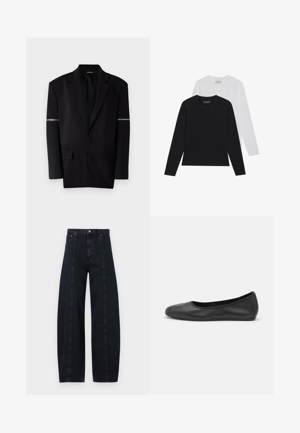 Schwarzer Blazer mit strukturiertem Design, zwei vorderen Knöpfen, drei Taschen und einem einzigartigen Reißverschlussdetail am linken Ärmel. Glattes, maßgeschneidertes Material.; Zwei Langarmshirts: eines schwarz und eines weiß. Beide haben einen runden Ausschnitt und eine glatte, gerippte Textur. Markenlabel im Ausschnitt sichtbar.; Weite, dunkelblaue Jeans mit hoher Taille, ausgestattet mit kontrastierenden Nähten und klassischem Fünf-Taschen-Design. Glatte Textur, keine sichtbaren Muster.; Schwarze Leder-Ballettschuhe mit abgerundeter Spitze, glatter Textur, minimalen Nähdetails und einem flexiblen Sohlen-Design.