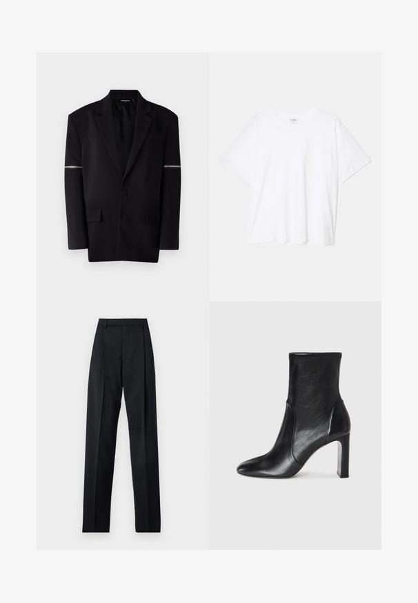 Mustmust värviga bleiser, millel on struktureeritud disain, kaks esist nuppu, kolm taskut ja ainulaadne tõmbluku detail vasakul varrukal. Sile, kohandatud kangas.; Valge puuvillane T-särk lühikeste varrukatega, ümmargune kaelus, mugav lõige ja õmmeldud serv. Silt nähtav kaela seest.; Mustad püksid siledast kangast, millel on kõrge vöökoht, laiad jalad, esimesed kortsud ja klassikalised vööloopid. Küljepockets pole nähtavad.; Must musta saapikas sujuva disaini, terava nina ja kõrge plokkkontsaga. Omab siledat tekstuuri ja minimalistikku õmbluse detaljikat.