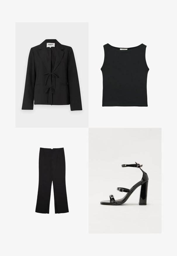 Czarna marynarka z zapięciem na krawat, klapami w kształcie notcha i dwiema przednimi kieszeniami. Wykonana z gładkiego materiału, z długimi rękawami i dopasowanym krojem.; Czarny bezrękawnik wykonany z gładkiego materiału, z okrągłym dekoltem i dopasowanym fasonem, bez widocznych wzorów czy ozdób.; Czarne spodnie o prostym kroju, z przednimi kieszeniami i bocznymi rozcięciami na dole. Wykonane z miękkiego, gładkiego materiału. Odpowiednie na różne okazje.; Czarne lakierowane sandały na obcasie z kwadratowym noskiem, z paskami wokół kostki i srebrnymi klamrami. Posiadają masywny słupek dla stabilności.