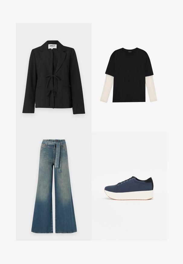 Čierny blazer s uzáverom na kravatu, s klopovými límci a dvoma prednými vreckami. Vyrobený z hladkej tkaniny, s dlhými rukávmi a strihom na mieru.; Čierne tričko z bavlny, s krátkymi rukávmi cez biele tričko s dlhým rukávom, s jemným textúrovaným vzorom. Design s okrúhlym výstrihom.; Džínsy s širokými nohavicami, ktoré majú prechod od svetlomodrej po tmavomodrú, vysoký pás, pútka na opasok a opasok z rovnakého materiálu. Textúrovaný denimový povrch.; Námornícky modré tenisky s textúrovaným textilným zvrškom, bielou platformovou podrážkou, zaoblenou špičkou a čiernym akcentom na päte. Obsahujú šesť otvorov na šnúrky.