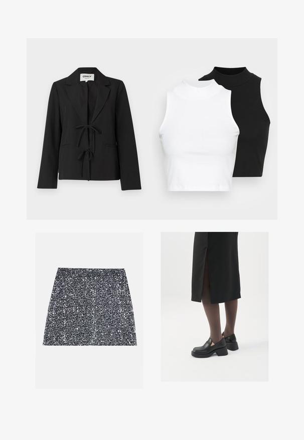Melns žakets ar kaklasaiti, ar iekļautajiem atlokiem un divām priekšējām kabatām. Izgatavots no gludas auduma, ar garām piedurknēm un pielāgotu piegriezumu.; Divi bez piedurknēm riboti turtleneck topi melnā un baltā krāsā, ar pieguļošu dizainu un gludu faktūru, ar īsu garumu.; Sudraba spīdīgu minispodni ar strukturētu rakstu un taisnu griezumu. Audums izskatās spīdīgs un atstarojošs.; Melni ādas apavi ar noapaļotu purngalu, biezām bloku papēžiem un elastīgiem sānu akcentiem, apvienoti ar tumšām zeķubiksēm un melnu svārku ar šķirbu.
