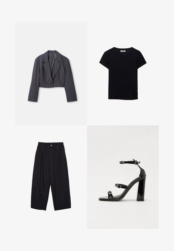 Przycięta ciemnoszara marynarka z wyraźnym kołnierzem, z zapięciem na jeden guzik i długimi rękawami. Lekka faktura z detalem przedniej kieszeni.; Czarna koszulka z krótkim rękawem, wykonana z miękkiego materiału. Posiada klasyczny okrągły dekolt i luźny krój. Brak widocznych wzorów lub akcentów.; Czarne spodnie culotte z poliestru z elastycznym pasem, dwoma fałdami z przodu i luźnym krojem. Brak widocznych wzorów lub elementów metalowych.; Czarne lakierowane sandały na obcasie z kwadratowym noskiem, z paskami wokół kostki i srebrnymi klamrami. Posiadają masywny słupek dla stabilności.