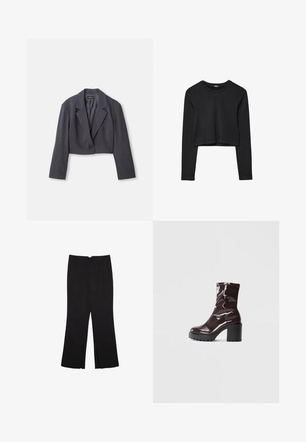Kratka temno siva blazer jakna s strukturiranim ovratnikom, enojnim gumbom in dolgimi rokavi. Lahka tekstura z detajlom sprednjega žepa.; Črna dolgi rokavi prerezana majica s krožnim izrezom, enostaven dizajn in rahlo ukrivljen rob.; Črne hlače ravnega kroja z naglavnimi žepi in stranskimi razporki na robu. Narejene iz mehke, gladke tkanine. Primerne za različne priložnosti.; Sijajan škrlatank z bleščečim videzom, z masivnim črnim peto, ki se ponaša z gladko teksturo in preprostim dizajnom. Brez vidnih zapenjal ali vzorcev.