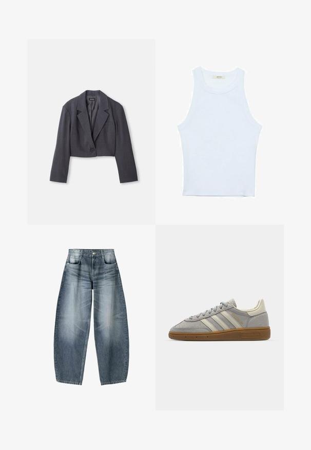 Skraćeni tamnosivi sako sa strukturiranim ovratnikom, zatvaranjem na jedan dugme i dugim rukavima. Svijetla tekstura s detaljem prednje džepa.; Bijela majica na bretele, rebrasta tekstura, okrugli izrez, bez rukava, uski kroj, suptilno brendiranje na etiketici unutar područja ovratnika.; Široke traperice od svijetloplavog denima s izblijedjelim dijelovima, s dizajnom od pet džepova, zakopčavanjem na dugme i minimalnim detaljima šavova.; Sive suede tenisice s svijetlosivim kožnim prugama i gumiranim potplatom. Značajke uključuju vezanje na vezice i suptilno brendiranje na jeziku.