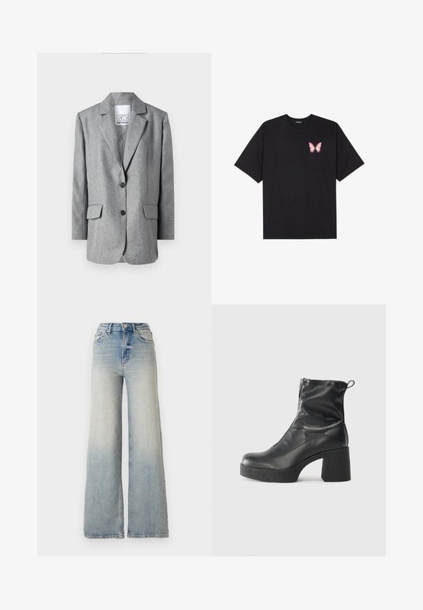 Sacou gri cu o țesătură texturată, rever în formă de V, două buzunare frontale și închidere cu două nasturi. Include un eticheta interioară imprimată.; Tricou negru din bumbac cu mâneci scurte, având pe partea stângă a pieptului un mic grafic cu un fluture roz. Design cu guler rotund și croială lejeră.; Jeans largi de culoare bleu deschis, confecționați din denim, cu talie înaltă, cinci buzunare și cusături vizibile pe cusături.; Bocanci negri de glezna din piele netedă, cu fermoar lateral, toc texturat și masiv, și design cu vârf rotund.