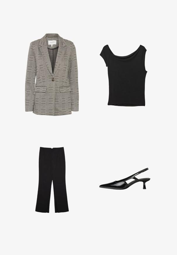 Blazer a quadri grigio realizzato in tessuto intrecciato. Presenta revers a punta, chiusura con un bottone, due tasche anteriori e una silhouette strutturata.; Top nero a maniche corte realizzato in tessuto liscio; presenta un colletto drappeggiato e un orlo asimmetrico, con una vestibilità aderente.; Pantaloni neri a gamba dritta, con tasche frontali e spacchi laterali all'orlo. Realizzati in tessuto morbido e liscio. Adatti a diverse occasioni.; Tacchi slingback in pelle verniciata nera con punta affusolata, design con tagli laterali e tacco quadrato piccolo. Texture liscia con dettagli minimi.