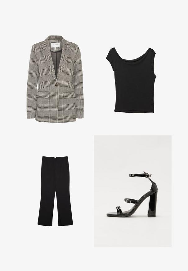 Blazer a quadri grigio realizzato in tessuto intrecciato. Presenta revers a punta, chiusura con un bottone, due tasche anteriori e una silhouette strutturata.; Top nero a maniche corte realizzato in tessuto liscio; presenta un colletto drappeggiato e un orlo asimmetrico, con una vestibilità aderente.; Pantaloni neri a gamba dritta, con tasche frontali e spacchi laterali all'orlo. Realizzati in tessuto morbido e liscio. Adatti a diverse occasioni.; Sandali con tacco in vernice nera, con punta squadrata, cinturini alla caviglia e fibbie in argento. Presentano un tacco a blocco spesso per maggiore stabilità.
