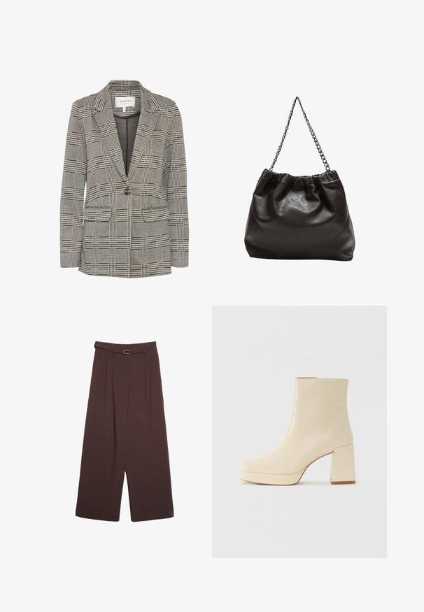 Sivý károvaný blejzer vyrobený z tkaniny. Má klopu so zárezmi, uzatváranie na jeden gombík, dve predné vrecká a štruktúrovaný strih.; Tmavošedý top s krátkym rukávom a lodičkovým výstrihom. Vyrobený z rebrovanej látky, s voľným strihom a čistým lemovaním. Jednoduchý dizajn, bez vzorov.; Stradivarius WIDE-LEG WITH BUCKLE DETAIL - Nohavice - dark brown; Béžová kožená členková obuv s blokovým podpätkom a platformou, hladký povrch a mierne štvorcová špička, orientovaná doľava na bielom pozadí.; Hnedá kožená taška so zberaným vrchom a reťazovým popruhom. Hladký povrch s lesklým finišom a jemným švom po stranách.