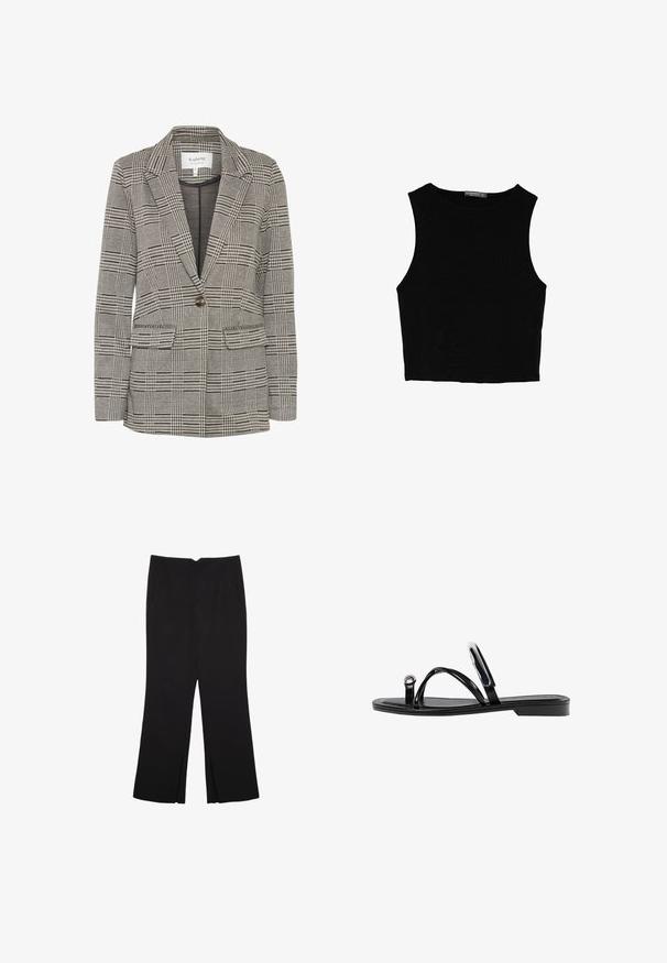 Harmaa ruudullinen bleiseri, joka on valmistettu kudotusta kankaasta. Ominaisuuksiin kuuluvat nurkka-lapelit, yksittäinen nappisulku, kaksi etutaskua ja jämäkkä siluetti.; Musta hihaton crop-top, joka on valmistettu sileästä kankaasta, jossa on pyöreä kaula-aukko ja siisti, yksinkertainen muotoilu ilman kuvioita tai varusteita.; Mustat housut suoralinjaisella leikkauksella, joissa on etutaskut ja sivurei'ät helman alla. Valmistettu pehmeästä ja sileästä kankaasta. Sopii eri tilaisuuksiin.; Mustat litteät sandaalit, joissa on kiiltävä pinta, kolme ohutta hihnaa ja pyöreä metalliosuus varpaissa. Tyylikäs muotoilu, jossa on minimaalinen kantapää.