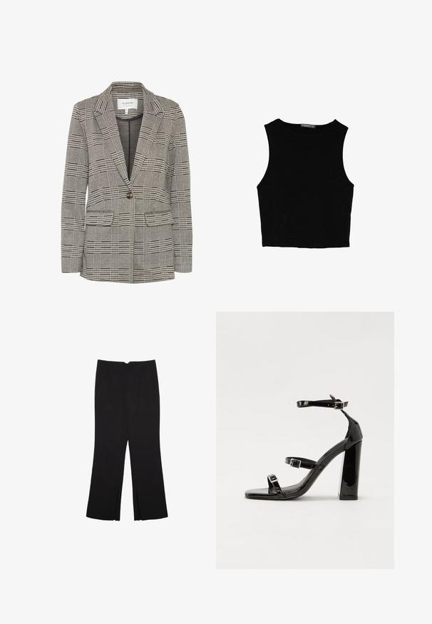 Gråternet blazer lavet af vævet stof. Har klapkraver, enkelt knaplukning, to forreste lommer og en struktureret silhuet.; Sort ærmeløs crop top lavet af glat stof, med rund hals og et rent, enkelt design uden mønstre eller hardware.; Sorte bukser med lige pasform, der har frontlommer og slidser i kanten. Lavet af blødt, glat stof. Velegnet til forskellige anledninger.; Sorte patenterede hælsandaler med firkantet tå, ankelremme og sølvspænder. Har en chunky blokHæl for stabilitet.