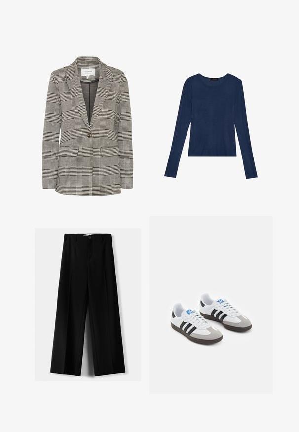 Blazer a quadri grigio realizzato in tessuto intrecciato. Presenta revers a punta, chiusura con un bottone, due tasche anteriori e una silhouette strutturata.; Maglietta a maniche lunghe colore navy in tessuto morbido, presenta un colletto rotondo e cuciture piatte lungo le maniche, con una vestibilità rilassata.; Pantaloni neri a gamba larga realizzati in tessuto leggero, caratterizzati da una chiusura frontale con bottone e frontale piatto, con orli cuciti con precisione.; Scarpe sportive con tomaia in pelle bianca, punta in suede grigia e tre strisce nere. Presentano un logo blu sulla linguetta e una suola in gomma testurizzata.