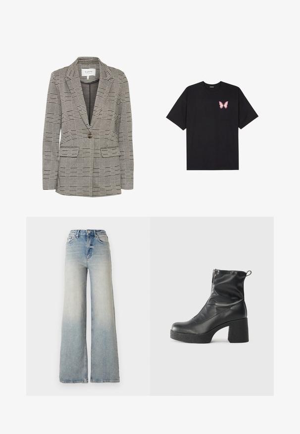 Gråternet blazer lavet af vævet stof. Har klapkraver, enkelt knaplukning, to forreste lommer og en struktureret silhuet.; Sort bomulds T-shirt med korte ærmer, prydet med en lille pink sommerfugl grafik på venstre bryst. Rund hals design med en afslappet pasform.; Lyseblå vid jeans lavet af denim, med høj talje, fem lommer og synlige sømme langs sømmene.; Sorte ankelstøvler lavet af glat læder, med en sidelukning, kraftig struktureret hæl og rundt tådesign.
