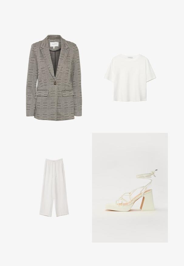 Sivý károvaný blejzer vyrobený z tkaniny. Má klopu so zárezmi, uzatváranie na jeden gombík, dve predné vrecká a štruktúrovaný strih.; Biela krátkopsová tričko vyrobené z bavlny. Má okrúhly výstrih a voľný strih. Hladká textúra bez viditeľných vzorov alebo akcentov.; Biele široké nohavice vyrobené z ľahkej tkaniny. Obsahujú elastický pás so sťahovacou šnúrkou a bočné vrecká. Hladká textúra.; Biele sandále na vysokom opätku s hrubým podpätkom, s pruhovaným dizajnom a viazaním na členku. Hladký povrch s platformou vpredu pre zvýšenú výšku.