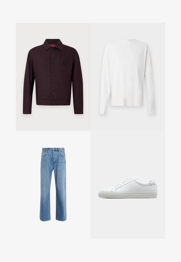 Jachetă butonată de culoare vișinie închisă, cu mâneci lungi, guler și un buzunar pentru piept cu un singur buton pe partea stângă.; Cămașă albă din bumbac cu mâneci lungi, decolteu rotund, fante pe laterale la baza, cu o textură netedă, expusă din spate.; Jeans din denim bleu deschis cu un design drept, cinci buzunare, închidere cu buton, decolorare minimă și detalii de cusătură în contrast.; Adidași albi cu o suprafață din piele netedă și un profil jos. Au un vârf rotunjit, șase orificii pentru șireturi și o talpă din cauciuc texturată.