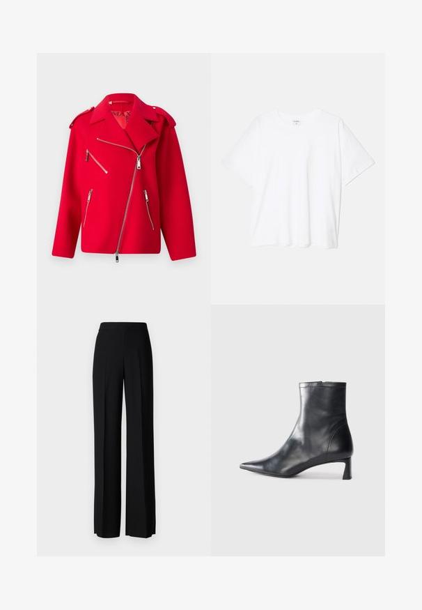 Röd ullmotorcykeljacka med slagkrage, sned framdragkedja och fyra dragkedjefickor. Har silverfärgade detaljer.; Vit bomull t-shirt med kort ärm, rund halsringning, avslappnad passform och söm i nederkant. Etikett synlig på insidan av halsen.; Svarta vida byxor med en slät textur, med hög midja och centrala veck. Inga synliga mönster eller hårdvarudetaljer.; Svart läder ankelboot med spetsig tå och en smidig design. Har en låg klack och en dragkedjestängning bak. Slät textur.