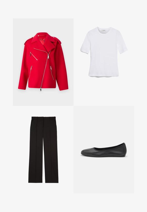Red wool motorbike jacket with a notched collar, diagonal front zipper, and four zippered pockets. Features silver hardware accents.; White short-sleeve t-shirt made of ribbed fabric. Round neckline, regular fit, and subtle stitching details. No patterns or graphics.; Black tailored trousers made of a smooth fabric, featuring a straight-leg design, and two side pockets. Elegant and minimalistic construction.; Black leather ballet flat with a rounded toe, smooth texture, minimal stitching detail, and a flexible sole design.