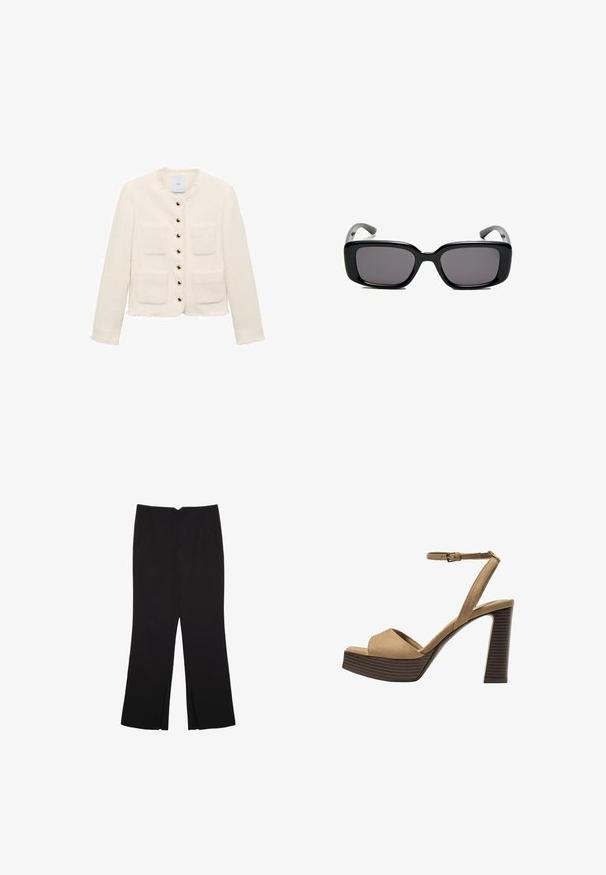 Bijela teksturirana jakna s okruglim izrezom, četiri prednja džepa i zatvaranjem na zlatne gumbe. Strgane rubove na manžetama i donjem rubu.; Bijela bez rukava majica s okruglim izrezom, blago šireg kroja i glatke teksture, izrađena od lagane tkanine. Jednostavan dizajn bez uzoraka.; Crne hlače ravnog kroja, s prednjim džepovima i bočnim prorezima na rubu. Izrađene od mekog i glatkog materijala. Pogodne za razne prigode.; Beige suedirane sandale s visokim potpeticama, širokom prednjom trakom i trakicom oko gležnja, s debelom drvenom blok-potpeticom s teksturiranim završetkom.; Crne pravokutne sunčane naočale s tamnim lećama, glatkim plastičnim okvirom i zakrivljenim državama. Dizajn je masivan s minimalističkom estetikom.
