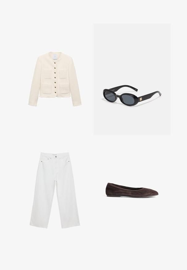 Biela textúrovaná bunda s okrúhlym výstrihom, štyrmi prednými vreckami a zlatými gombíkovými zapínaniami. Rozstrapkané okraje na manžetách a leme.; Biele bezrukávové tielko so štvorcovým výstrihom, hladkou textúrou a priliehavým strihom. Vyrobené z ľahkého materiálu.; Biele široké džínsy z denimu s vysokým pásom, vybavené piatimi vreckami a kovovými doplnkami. Hladká textúra, žiadne viditeľné vzory.; Hnedé semišové baletky s špicatou špičkou a nízkym profilom. Majú hladký povrch a minimalistický dizajn. Žiadne viditeľné kovanie ani akcenty.; Čierne oválne slnečné okuliare s tmavými sklami, lesklý plastový rám, široké ramená a malý zlatý akcent na jednej strane.; DRAGON DIFFUSION ROSANNA - Kabelka - dark brown