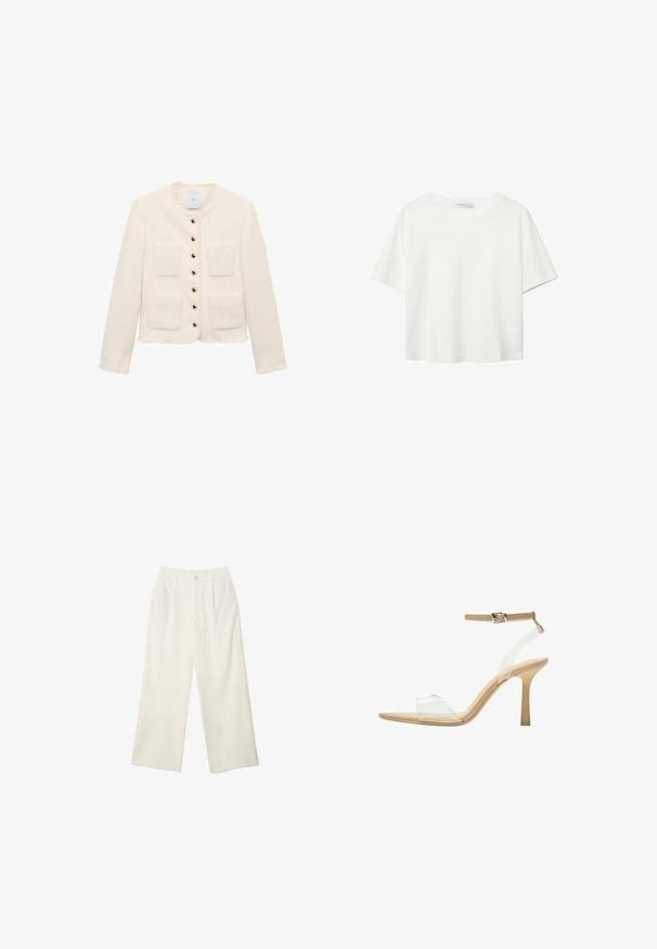 Valkoinen teksturoitu takki, jossa on pyöreä pääntie, neljä etutaskua ja kultaiset nappikiinnitykset. Reunoilla frayed-tyyliset yksityiskohdat hihoissa ja helman alueella.; Valkoinen lyhythihainen T-paita, joka on tehty puuvillasta. Siinä on pyöreä kaula-aukko ja rento malli. Silkkinen pinta ilman näkyviä kuvioita tai koristeita.; Kermanhousut vaaleassa kankaassa, jossa on sileä rakenne, yksittäinen etunappi, hienovaraiset laskokset ja korkea vyötärömuotoilu.; Kirkas korkokenkä läpinäkyvällä varrella, beigellä pohjalla ja hoikalla nilkkahihnalla. Ominaisuuksiin kuuluu terävä kärki ja ohut korkea korko.