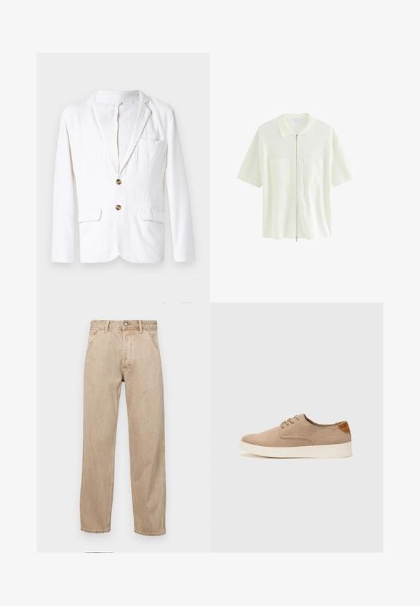 Balta lino švarkas su įpjautu atlapu, vienu mygtuku užsegimas, dviem priekinėm kišenėm ir viena kišene kairėje krūtinės pusėje. Subtili tekstūruota medžiaga.; Trumpas, baltas užtrauktuku užsegamas marškinėliai, pagaminti iš tekstūruoto audinio, su apykakle ir dviem priekinėmis kišenėmis su kvadratiniais dangteliais.; Smėlio spalvos džinsai su tiesia kojų siluetu, turintys priekinę kišenę, metalinį mygtuką ir subtilią tekstūrą.; Bežiniai zomšiniai sportbačiai su apvaliomis pirštų dalimis, raišteliais priekyje ir tekstūruotu užkulniu. Balta guma suteikia kontrastą. Paprastas ir modernus dizainas.