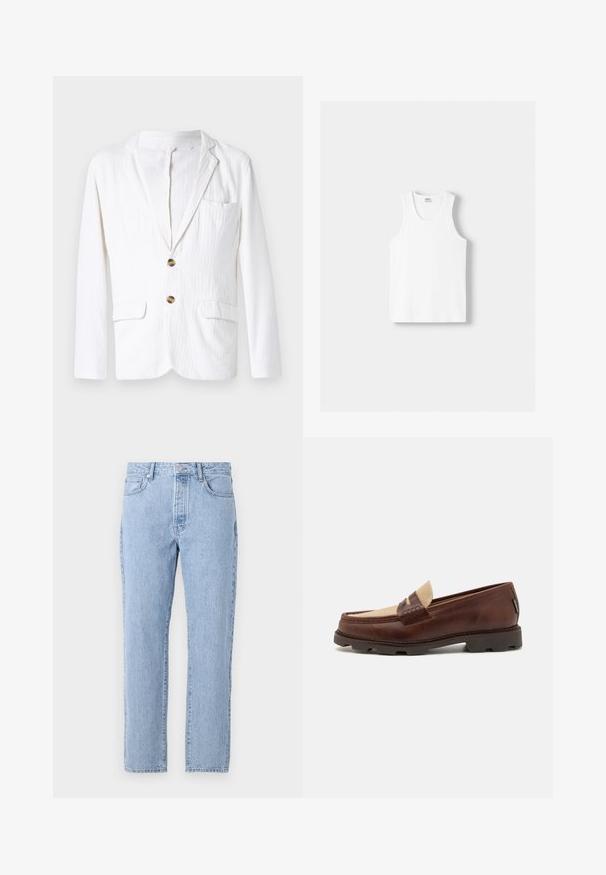 Biały lniany żakiet z klapami, zapinany na jeden guzik, z dwiema przednimi kieszeniami i kieszenią na lewej piersi. Subtelna tekstura materiału.; Biały bawełniany top na ramiączkach z okrągłym dekoltem, szerokimi ramiączkami i prostym dołem, charakteryzujący się gładką teksturą i brakiem widocznych wzorów.; Jasnoniebieskie dżinsy o prostym kroju, pięć kieszeni i zapięcie na guziki. Miękka tekstura z klasycznym wyblakłym wykończeniem.; Brązowe skórzane mokasyny z taupe'owym akcentem z płótna, przeszyciami i teksturowaną gumową podeszwą zaprojektowaną dla komfortu i trwałości.