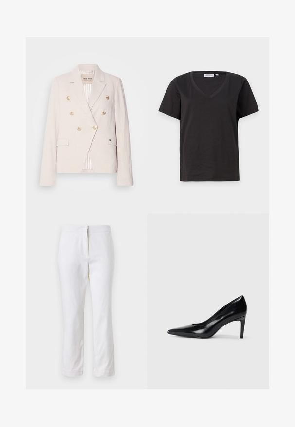 Mos Mosh JOLENE - Blazer - feather gray; Black cotton T-shirt with a V-neck and short sleeves. Simple design with a regular fit and no patterns or accents.; White cotton pants with a straight leg design, featuring a mid-rise waist and no visible hardware or patterns. Smooth texture throughout.; Black leather high heel shoe with a pointed toe, smooth texture, and a tapered heel. Minimalist design, no additional embellishments.