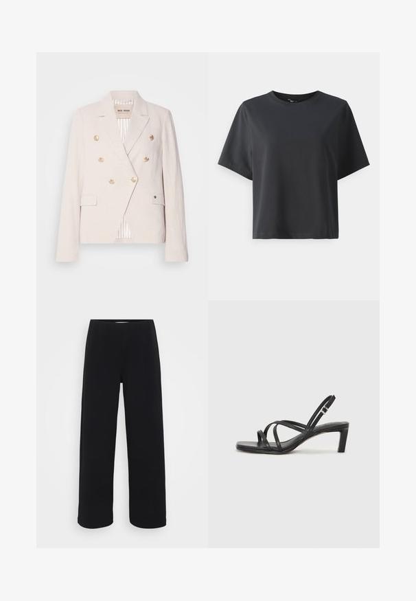 Mos Mosh JOLENE - Bleiser - feather gray; Must musträtik, lühikesed varrukad, ümar kaelus, vabalt lõigatud, sile tekstuur, lihtne disain, ilma mustrite või aksessuaarideta.; Mustad laiad püksid elastse vöökohtaga. Valmistatud tekstuurilisest materjalist, millel on lõtv istuvus ja sirge lõige puusadest heleni.; Mustast rihmajalatsid ruudukujulise varba ja madala ploki kontsaga. Omab mitmeid õhukesi rihmasid ja reguleeritavat pahkluu rihma. Valmistatud siledast nahast.