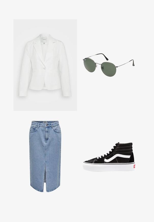 Baltas švarkas, pagamintas iš lygaus audinio, su iškirptu apykakle, vienu mygtuku užsegimu ir dviem priekinių kišenių. Priderintas kirpimas su švariomis linijomis.; Du kamščių be rankovių juodos ir baltos spalvų, pagaminti iš banguoto medvilnės, su apvaliais kaklo iškirpimais ir priglundančiu siluetu. Matomi etiketės abiejuose.; Šviesiai mėlynas džinsinis sijonas, pasižymintis tiesia siluetu, priekiu plyšiu, penkių kišenių dizainu ir užtrauktuku su sagute.; Juodi aukšti sportbačiai su baltais raišteliais, baltu logotipu ir kontrastinga balta siuvinėta. Turi storą baltą padas ir tekstūruotą zomšos viršutinę dalį.; Metaliniai akiniai su ovaliais žaliais lęšiais. Plonas sidabro spalvos metalinis rėmas ir juodi ausų laikikliai. Minimalistinis dizainas, be matomų logotipų.