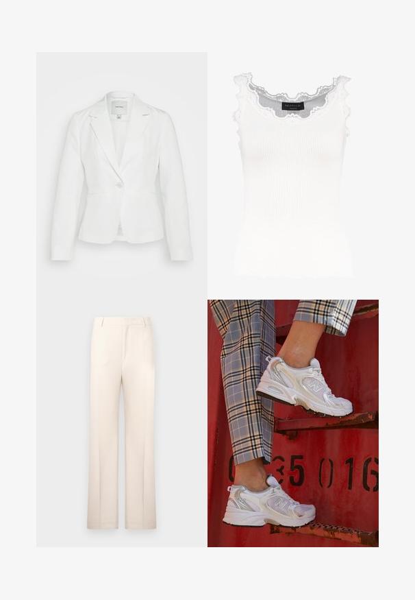 Blazer branco feito de um tecido suave, com lapela destacada, fechamento de único botão e dois bolsos frontais. Ajuste entalhado com linhas limpas.; Camisola branca de alças com detalhe de renda na gola e nas mangas. Apresenta uma textura suave e um formato ajustado. Etiqueta da marca visível no interior.; Calças bege ajustadas com um design de perna reta, feitas de um tecido leve. Apresenta pregas frontais e uma cintura clássica.; Sapatilhas brancas em malha com detalhes em prata e uma sola texturizada, posicionadas sobre uma superfície vermelha, combinadas com calças à quadrados.