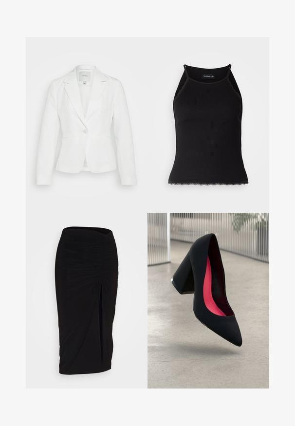 Baltā žakete, kas izgatavota no gludas auduma, ar izgrieztu apkakli, vienu pogu slēgšanu un divām priekšējām kabatām. Pielāgota piegriezuma ar skaidrām līnijām.; Melna ribota topiņa ar izšūtu mežģīņu apdari apakšmalā. Iezīmē plānas siksniņas un pielāgotu piegriezumu. Izgatavota no stiepjama auduma.; Melna, ručām veidota zīda svārku ar saišu detaļu un sānu izgriezumu. Izgatavota no elastīga auduma, ar gludu tekstūru un pieguļošu dizainu.; Melna augsta papēža kurpe ar smailu purngalu, teksturētu virsmu un dzīvespriecīgu rozā interjeru. Satur masīlu papēdi ar sudraba akcentu.
