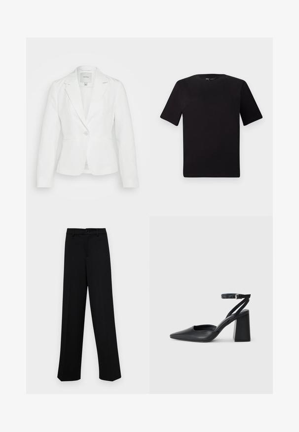 Blazer blanco de tela suave, con solapas con muesca, cierre de un solo botón y dos bolsillos delanteros. Corte entallado con líneas limpias.; Camiseta negra de manga corta con cuello redondo, fabricada en suave algodón. Diseño simple, sin logos ni patrones visibles.; Pantalones de pierna ancha negros, hechos de un tejido suave, con una cintura clásica que incluye un cierre de botón y pliegues frontales.; Zapato de tacón puntiagudo de cuero negro con tira en el tobillo y tacón ancho. Textura plana, diseño elegante y estética minimalista.