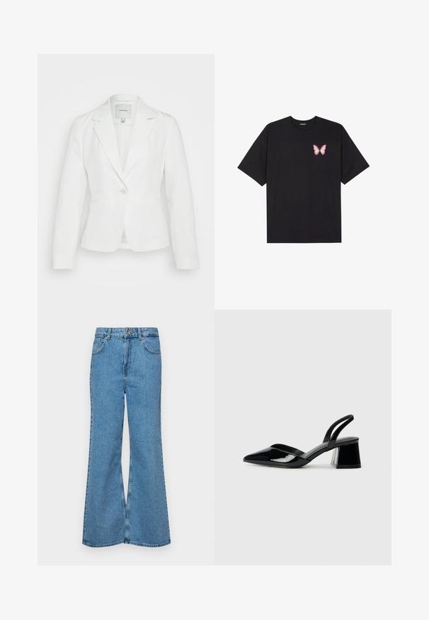 Bela blazer iz gladkega materiala, ki ima zarezan ovratnik, zapiranje na en gumb in dve sprednji žepi. Prilegajoč kroj s čistimi linijami.; Črna bombažna majica s kratkimi rokavi, ki ima majhen roza metuljček na levi strani prsnega dela. Majica s krožnim ovratnikom in sproščenim krojem.; Svetlo modri razširjeni džins hlače iz denima, z visokim pasom, petimi žepi in enim gumbom za zapiranje. Mehka tekstura z blagim zbledelim videzom.; Črne lakirane slingback pete s koničastim nosom in geometrijsko blokasto peto. Imajo eleganten, minimalističen dizajn in gladko teksturo.