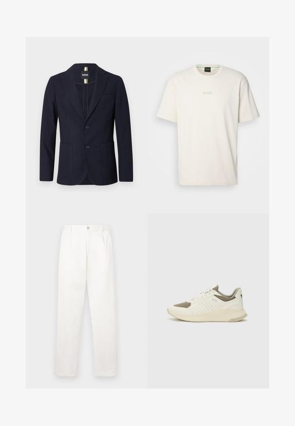 Tumši zils bleizeris izgatavots no faktūras auduma ar iegrieztu apmali, divām priekšējām kabatām un divu pogu aizdari. Iekšpusē ir BOSS etiķete.; BOSS TEE - Pamata T-krekls - open white; Baltas bikses, izgatavotas no gludas auduma, ar taisnu kāju dizainu, priekšējiem krokām un vienu pogu aizdari jostasvietā.; Baltas un gaiši bež sporta apavi, ar sieta augšdaļu, perforētiem detaļām un teksturētu vidusdaļu ar zīmolu uz papēža.