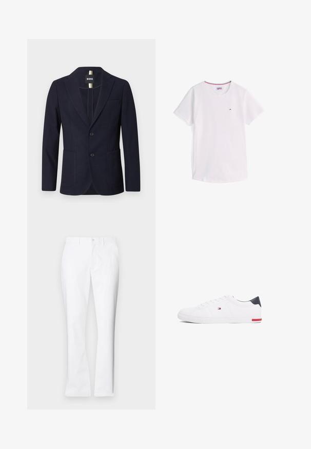 Tamsiai mėlynas švarkas pagamintas iš tekstūruotos medžiagos, su įpjova apykakle, dviem priekinių kišenėmis ir dviem mygtukais. Viduje yra BOSS etiketė.; Baltas trumpomis rankovėmis, apvalia apykakle, medvilninis marškinėlis su mažąja Tommy Hilfiger logotipu krūtinėje ir raudonos, baltos bei mėlynos spalvų apdaila vidinėje apykaklės dalyje.; Balti medvilniniai kelnių su tiesiu pjūviu, priekinėmis kišenėmis, vieno mygtuko uždarymu ir lygiu paviršiumi.; Balti žemi kedai, pagaminti iš lygios odos. Yra tamsiai mėlynas kulno užsegimas ir raudona detalė ant pado. Šešios skylutės raišteliams.