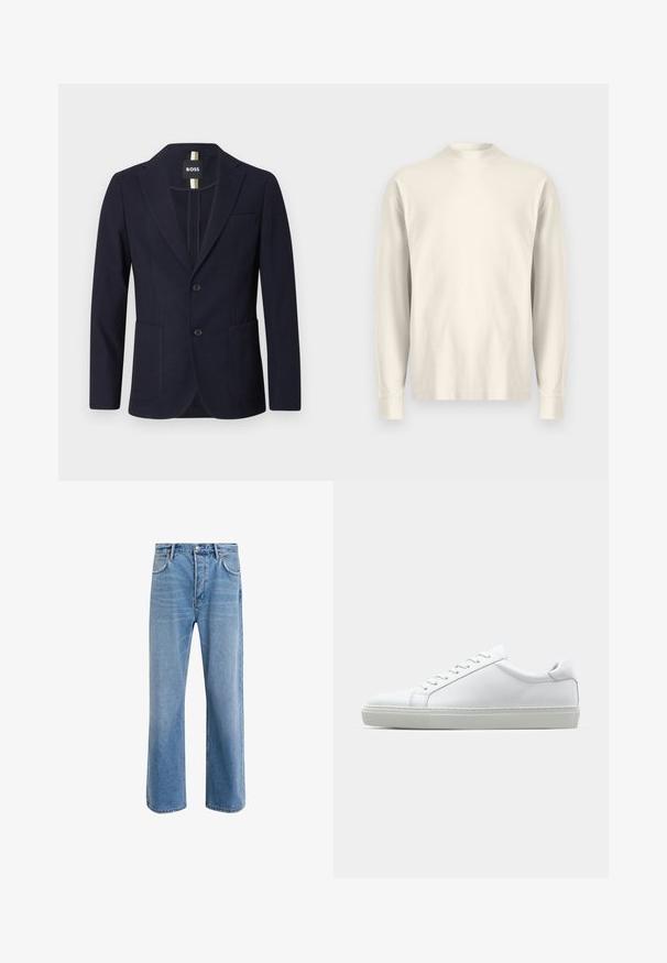 Navy plavi sako napravljen od teksturirane tkanine s reverom, dva prednja džepa i zatvaranjem na dva gumba. BOSS oznaka unutra.; Duga rukava, majica s lažnim ovratnikom u svijetloj kremasto bijeloj boji od pamuka. Glatka tekstura, opušteni kroj, minimalistički dizajn, bez vidljivih uzoraka ili naglasaka.; Svijetloplave traperice s ravnim nogavicama, pet džepova, zatvaranjem na gumb, minimalnim izbljeđivanjem i kontrastnim šavovima.; Bijela tenisica s glatkim kožnim gornjim dijelom i niskim profilom. Ima zaobljen vrh, šest rupica za vezanje i teksturiranu gumenu podlogu.