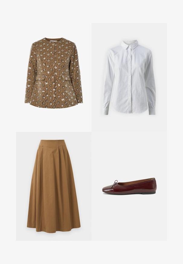Barna virágmintás dzseki, amely flitterekkel díszített, kerek nyakkivágású, elülső gombokkal és oldalsó zsebekkel rendelkezik. Strapabíró anyag, jól definiált formával.; Fehér, sima pamutből készült gombos ing, klasszikus gallérral, hosszú ujjakkal és ívelt hemvéggel. A gombok kicsik és fehérek.; Barna pamut A-vonalú szoknya magas derékkal, elöl pliszézett és sima textúrával. Az alsó szegélyek letisztultak és egyszerűek.; Burgundi lakkbőr balettcipő kerek orral, elöl kis masni díszítéssel és alacsony, fekete gumi talppal. Simára csiszolt felület.