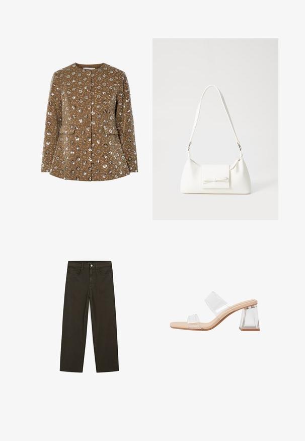 Brun blomsterprintet jakke med perler, rund halsudskæring, frontknapper og sidelommer. Tekstilt stof med defineret form.; Mørkebrun kortærmet t-shirt lavet af bomuld. Har en rund halsudskæring og en afslappet pasform, uden synlige mønstre eller detaljer.; Mørkegrønne brede jeans lavet af en bomuldsblanding, med en frontlukning med knap, fem lommer og klassisk denim-syning.; Gennemsigtige hæle-sandaler med to klare remme, en beige bund og en geometrisk klar blokhæl. Minimalistisk design med glat overflade.; Hvid syntetisk håndtaske med en trekantet form, flad forsideklap og sløjfedetalje, justerbar strop, glat tekstur og minimalistisk design.