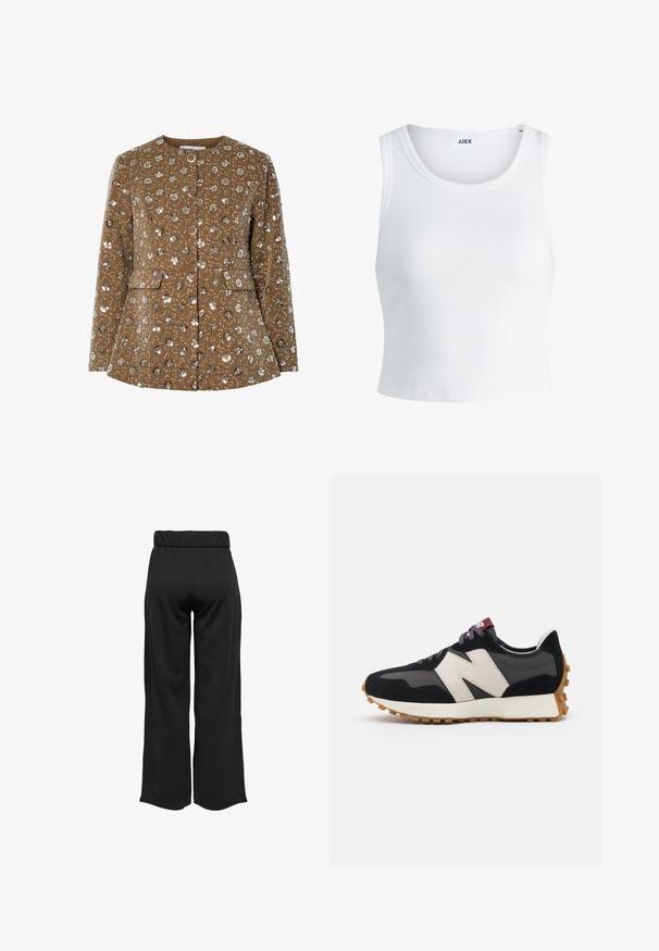 Giacca marrone con motivo floreale decorata con paillettes, collo rotondo, bottoni frontali e tasche laterali. Tessuto testurizzato con forma definita.; Canottiera bianca a coste con scollatura rotonda, senza maniche e lunghezza cropped. Etichetta con la scritta "JJXX". Tessuto di texture liscia.; Pantaloni neri a gamba larga con cintura elastica, realizzati in tessuto liscio. Presentano un design pulito senza tasche o dettagli di cucitura visibili.; Sneaker in suede nero e grigio con un grande logo "N" color crema, lacci viola e una suola esterna in gomma gommosa texturizzata.