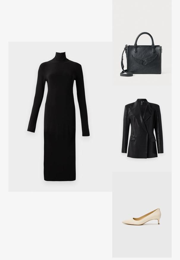 Černý blazer s lesklým povrchem, vybavený klopou s výřezem, dvěma předními kapsami a přiléhavým střihem. Dlouhé rukávy dokončují tento design.; Černé šaty s dlouhým rukávem, vysokým výstřihem a žebrovanou texturou, s rovnou siluetou a délkou ke kolenům.; Béžové lodičky s špičatou špičkou vyrobené z hladkého syntetického materiálu, s nízkým podpatkem a nazouvacím designem s jemným zadním detailem.; Černá kožená kabelka s akcentem ve tvaru křídel. Obsahuje dva kulaté úchyty a odnímatelný popruh na rameno. Texturovaný povrch. Kompaktní tvar.