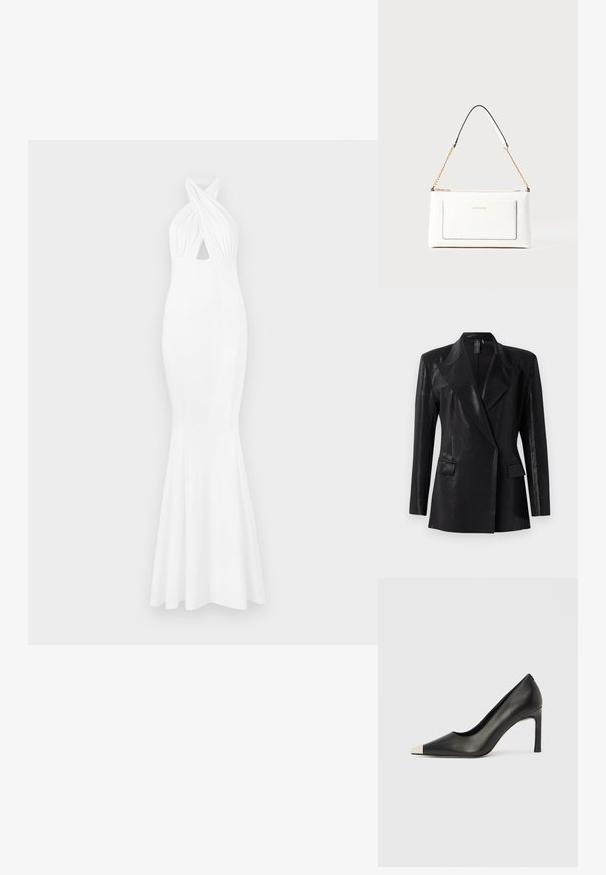 Črn blazer z sijajno površino, z zaznamovano reverjem, dvema sprednjima žepoma in prilegajočo silhueto. Dolgi rokavi dopolnjujejo oblikovanje.; Bela večerna obleka z oprijetim korpusom, halterskim ovratnikom, zvitim sprednjim detajlom in razširjenim robom. Izdelana iz gladkega, raztegljivega materiala.; Črni usnjeni čevelj z visokim petom, s koničastim prstom in kovinsko srebrno kapico. Ima gladko površino in vitko peto višine 10 cm.; Bela usnjena torbica z teksturirano površino, ki vključuje zlat pas in črne detajle. Ima sprednji žep in zadrgo.