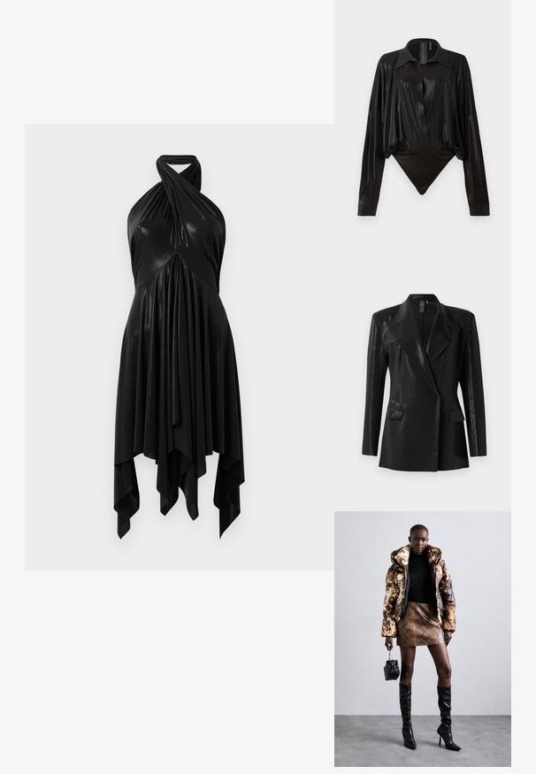 Černý blazer s lesklým povrchem, vybavený klopou s výřezem, dvěma předními kapsami a přiléhavým střihem. Dlouhé rukávy dokončují tento design.; Černé halter šaty s draped designem. Vyrobené z lesklého materiálu, s propleteným výstřihem a asymetrickým lemem. Hladká textura.; Černý body s dlouhými rukávy, výstřihem do V a přiléhavým střihem. Vyrobeno z lesklého, hladkého materiálu se strukturovaným límcem a manžetami.; Puffa bunda s hnědým a černým vzorem, zkombinovaná s hnědou mini sukní s hadím vzorem, černými vysokými botami a malou černou taškou.