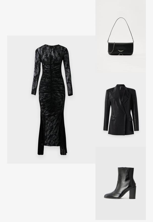 Sacou negru cu un finisaj lucios, având rever ciupit, două buzunare frontale și o siluetă ajustată. Mâneci lungi completează designul.; Rochie neagră cu mânecă lungă, cu o siluetă ajustată, țesătură plisată și dantelă florală suprapusă. Prezintă o fanta în partea de jos pentru un plus de detaliu.; Botină din piele neagră, cu o textură netedă, vârf ascuțit și toc gros, înalt. Dispune de o deschidere laterală și un design minimalist.; Geantă de mână din piele neagră cu un lanț din argint, având accente decorative în formă de aripi și cusături albe de-a lungul cusăturii de jos.