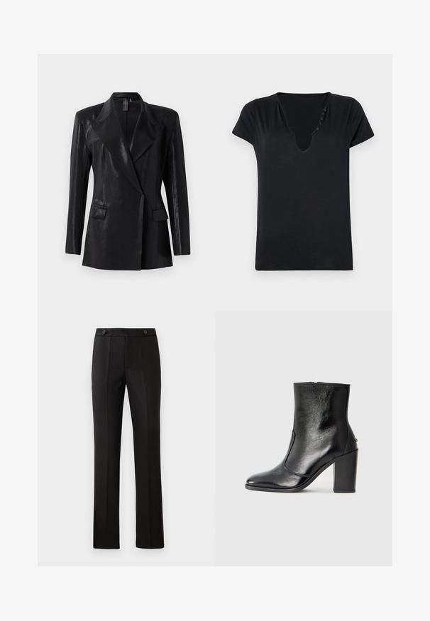 Fekete blézer fényes felülettel, bemetszett hajtókával, két elülső zsebbel és testhez álló fazonnal. Hosszú ujjak teszik teljessé a designt.; Fekete rövid ujjú póló mély V-nyakkal és öt díszítő gombbal a nyakvonal mentén. Simaszerkezetű anyag, laza szabású.; Fekete, szabott nadrág egyenes lábbal, két elülső zsebbel, gombos záródással és plisszé részletezéssel elöl. Simább anyagú textúra.; Fekete bőr bokacipő sima textúrával, hegyes orral és vastag, magas sarkával. Oldalnyílással és minimalista dizájnnal rendelkezik.