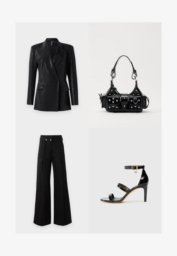 Juodas švarkas su blizgiu paviršiumi, turintis įpjautą apykaklę, dvi priekinės kišenes ir prigludusią siluetą. Ilgios rankovės užbaigia dizainą.; Juoda bodysuit su ilgomis permatomomis tinklelio rankovėmis, aukštu apykakle, drapiruotu priekinio detalės dizainu ir prigludusia liemene. Uždarymas apačioje su spaustukais.; Juodos platėjančios kelnės su aukštu juosmeniu, turinčios dideles šonines kišenes, dvi priekinės mygtukus ir kilpelės detalę. Pagamintos iš tvirto audinio.; Juodas patentuotas odinis sandalai su trimis diržais, kulkšnies sagtimi ir 4 colių stiletto kulnu. Yra aukso detalės ir logotipo žavesys.; Juodas odinis rankinukas su kreiviu dizainu, su sidabro spalvos knopkėmis, užsegimu ir dviem šoninėmis kišenėmis. Reguliuojama dirželis nešimui.